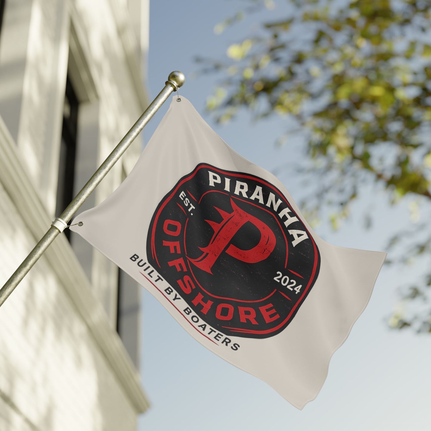 Piranha Offshore Double-Sided Boat Flag — "Built by Boaters" Flag