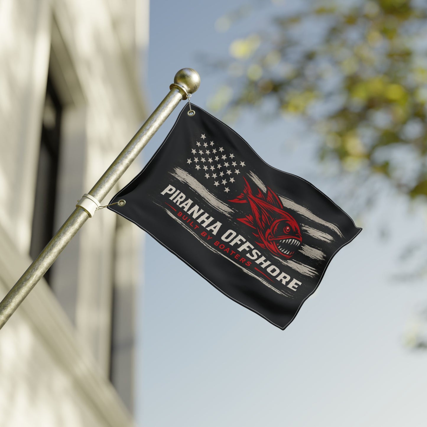 Piranha Offshore Double-Sided Nautical Flag — 'Built By Boaters' American Boat Banner