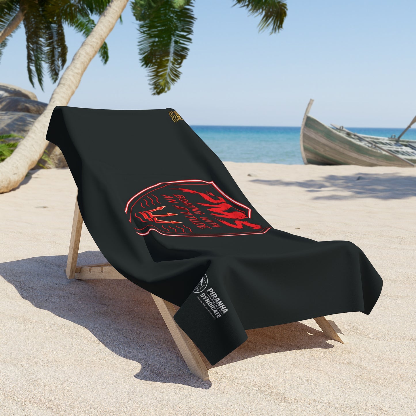 PMS Boating With An Attitude Beach Towel – Black Nautical Graphic