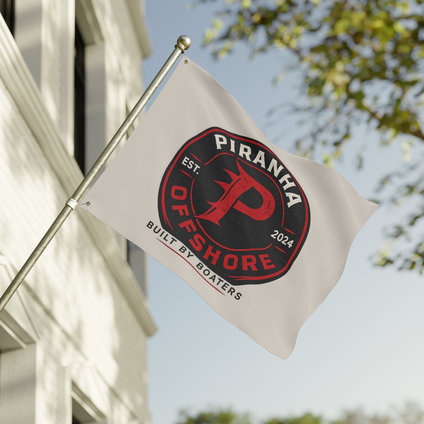 Piranha Offshore Double-Sided Boat Flag — "Built by Boaters" Flag