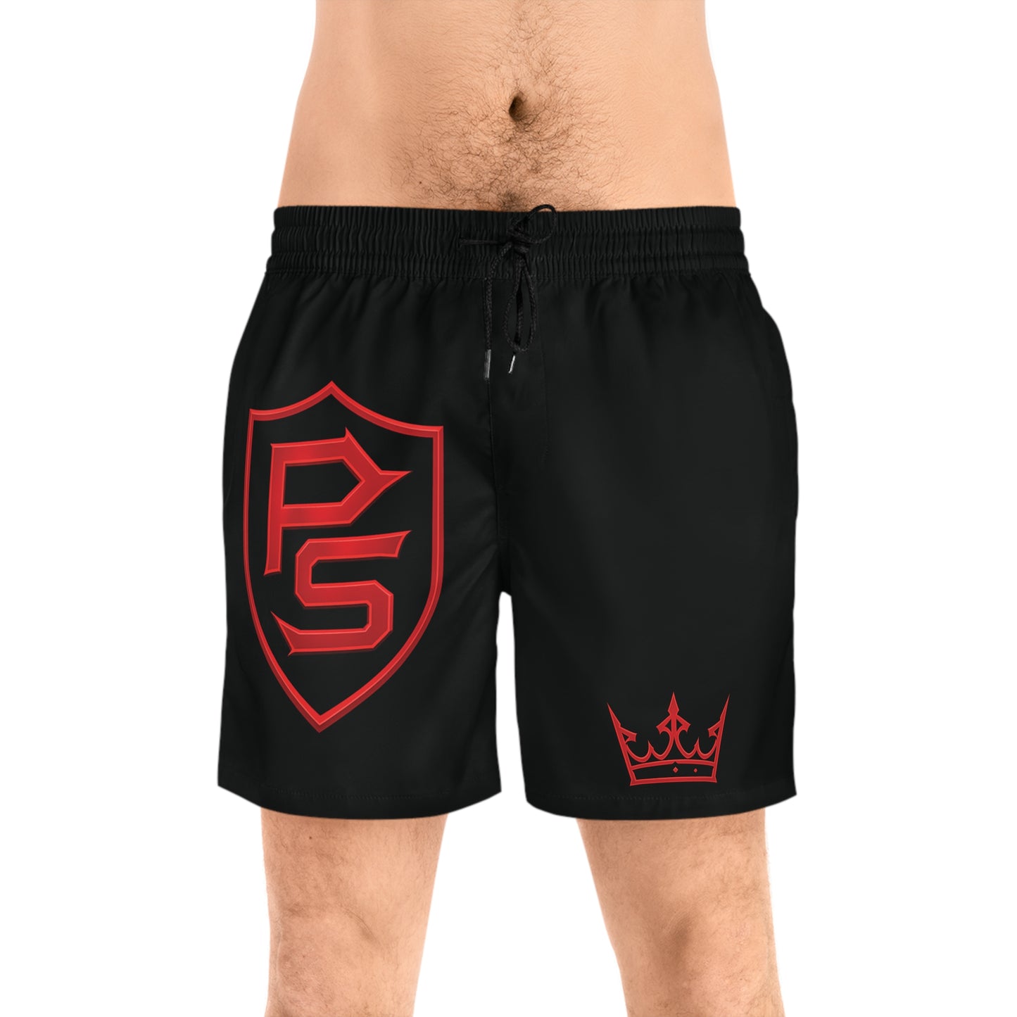 Men's Black Swim Shorts with Red PS Shield & Crown
