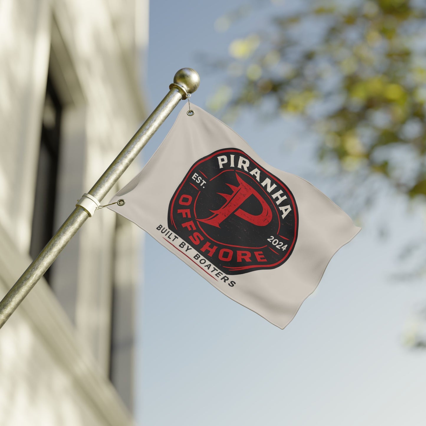 Piranha Offshore Double-Sided Boat Flag — "Built by Boaters" Flag